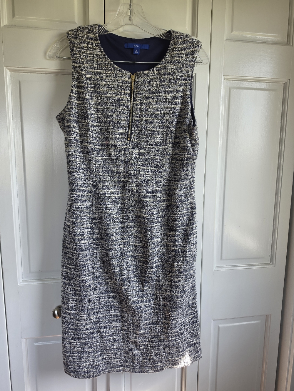 Apt. 9 Zip Front Boucle Dress Sleeveless Navy White Gold  New